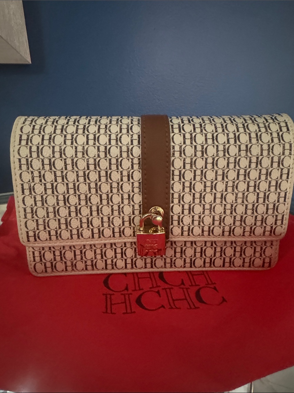 CHCH Logo Print Crossbody Bag in Ivory and Brown